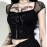 Vintage Tops Goth T-shirt Women Bodycon Bandage Lace Black T-shirts Gothic Streetwear Sexy Female Top Casual Mesh Tee