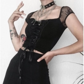 Vintage Tops Goth T-shirt Women Bodycon Bandage Lace Black T-shirts Gothic Streetwear Sexy Female Top Casual Mesh Tee
