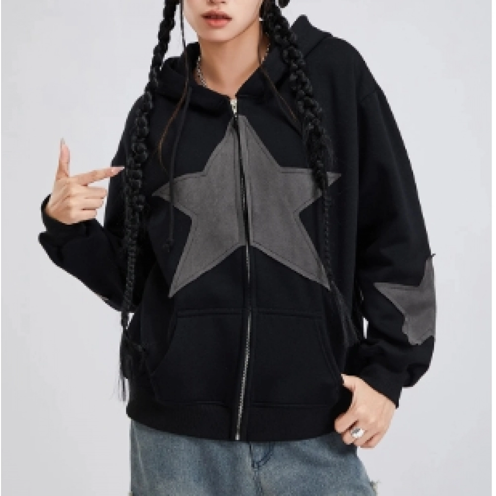 Women Y2k Zip Up Hoodies Star Print Long Sleeve Oversized Jackets Harajuku Hooded Sweatshirt Spring Fall Fairy Grunge Coat