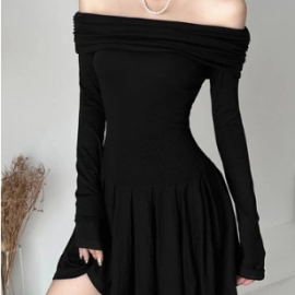 Rockmore Off Shoulder Pleated Dress Elegant Long Sleeve Slash Neck Mini Dress Women 2023 Sexy Bodycon Party Dresses Autumn Y2K