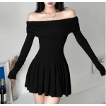 Rockmore Off Shoulder Pleated Dress Elegant Long Sleeve Slash Neck Mini Dress Women 2023 Sexy Bodycon Party Dresses Autumn Y2K