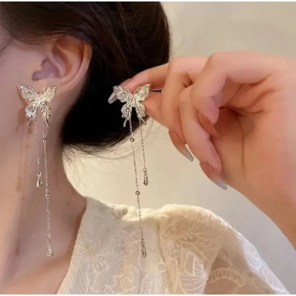 1Pair Elegant Elf Butterfly Long Tassel Clip Earrings for Women Wed Bridal Retro Kpop No Piercing Earbone Ear Cuff Jewelry Gift