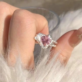 Fashion Heart Ring Cat Eye Crystal Pink Heart Adjustable Women Design Y2K Premium Rings Wedding Party Jewelry Gift