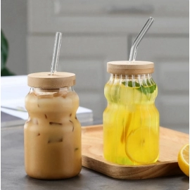 350ml Juice Milk Glass Cup With Lid and Straw Bubb..